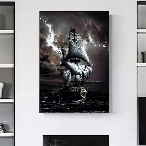 Pintura em Canvas de Navio Pirata, Barco Preto, Pôster Vintage para Decoração de Sala, Quadro