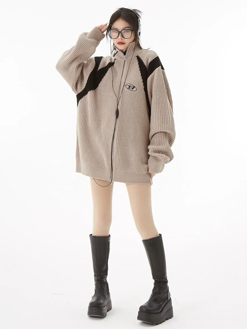 Cardigan com Zíper, Tricô, Bordado, Casual, Retro, Hip Hop, Patchwork