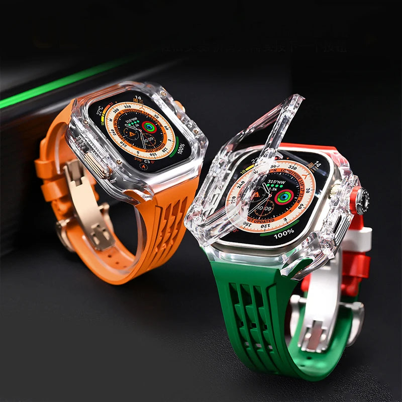 Capa transparente para Apple Watch Ultra 49mm, fecho borboleta, pulseira de silicone em várias cores.