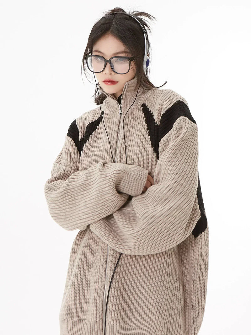 Cardigan com Zíper, Tricô, Bordado, Casual, Retro, Hip Hop, Patchwork