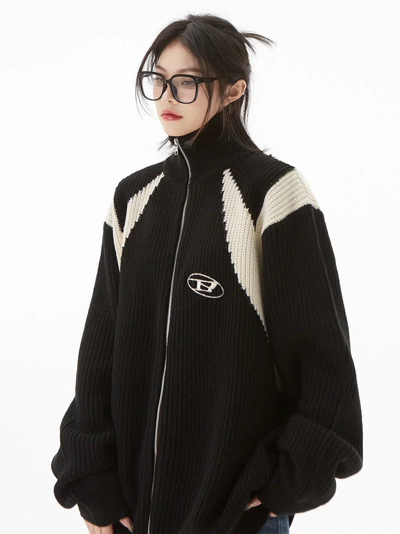 Cardigan com Zíper, Tricô, Bordado, Casual, Retro, Hip Hop, Patchwork
