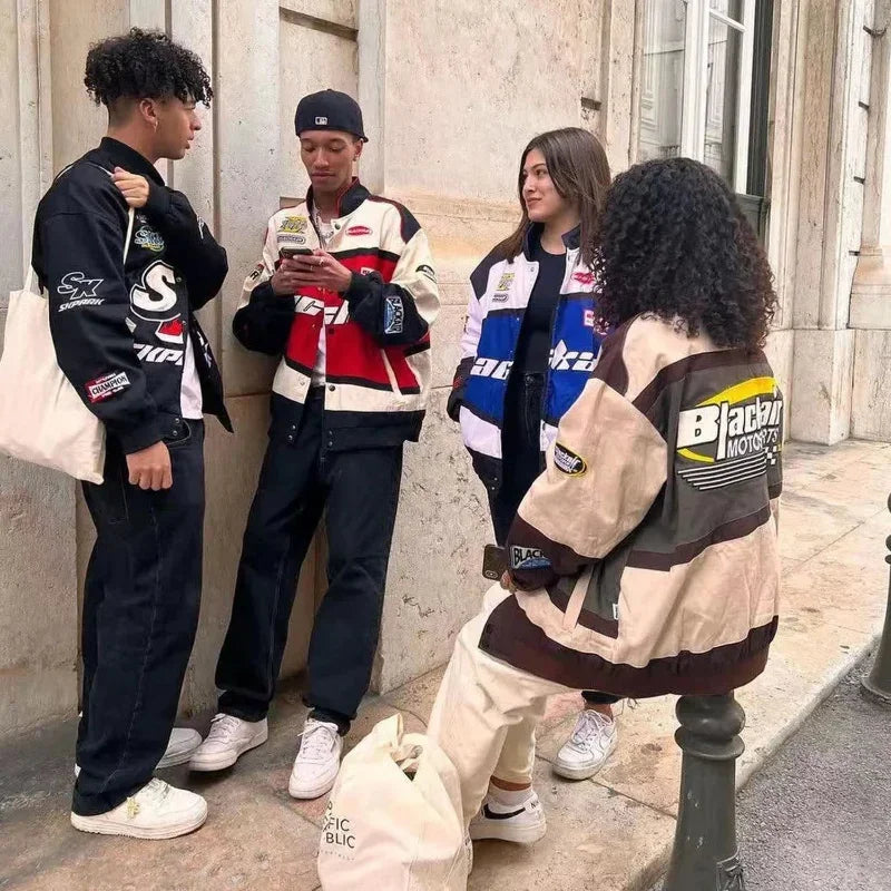 Jaqueta de Moto Streetwear com Bordado de Letra, Hip Hop Vintage, Algodão, Unissex