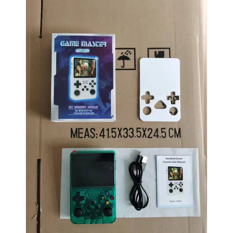 Console Portátil 3,5" Retro com 64GB e 15.000 Jogos, disponível em azul e verde.