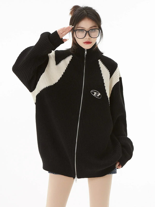 Cardigan com Zíper, Tricô, Bordado, Casual, Retro, Hip Hop, Patchwork