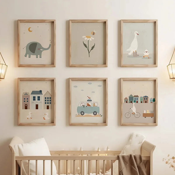 Arte de Parede em Tela, Pôsteres Nórdicos para Quarto de Bebê e Crianças, Elefante, Pato, Ganso, Carro, Cidade