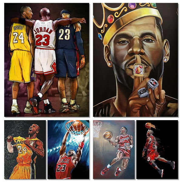 Pôster de Celebridades do Basquete Mundial: Pintura em Canvas para Decoração de Quarto de Menino.