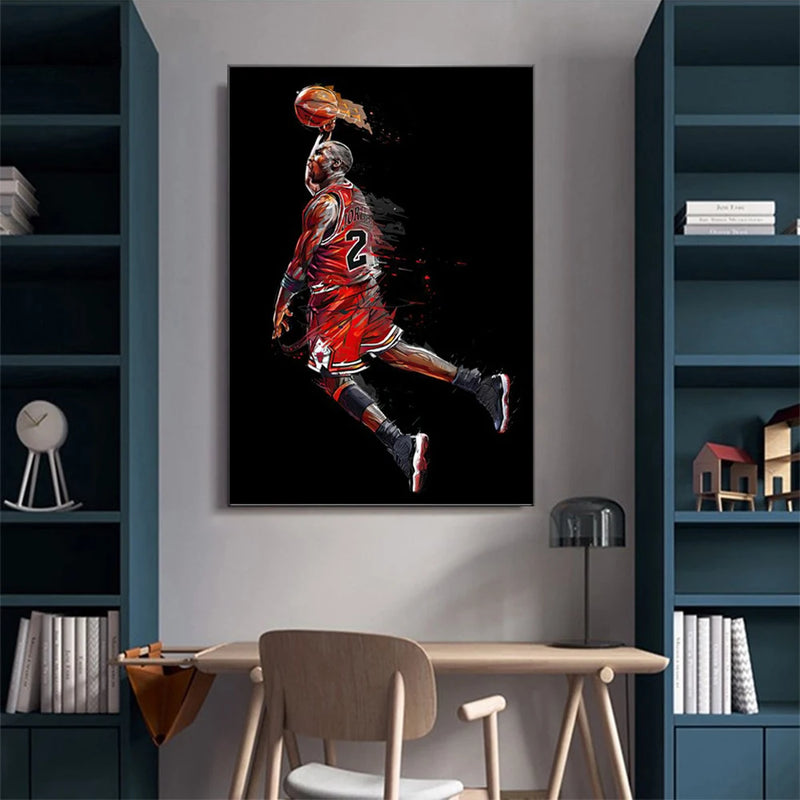 Pôster de Celebridades do Basquete Mundial: Pintura em Canvas para Decoração de Quarto de Menino.