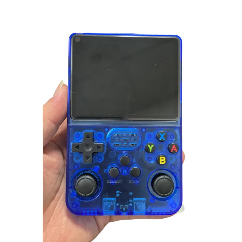 Console Portátil 3,5" Retro com 64GB e 15.000 Jogos, disponível em azul e verde.