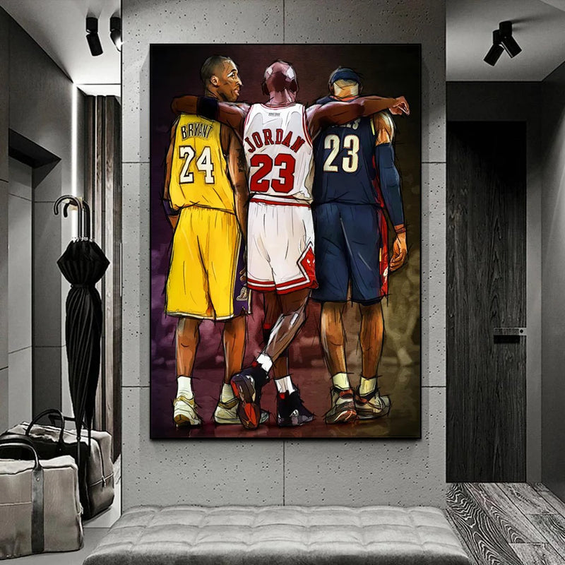 Pôster de Celebridades do Basquete Mundial: Pintura em Canvas para Decoração de Quarto de Menino.