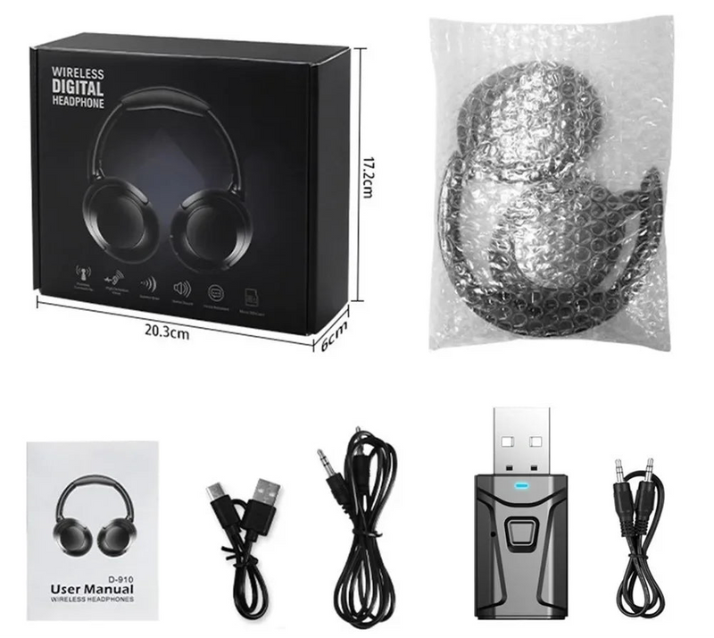 Fones de Ouvido Sem Fio 15h Bluetooth 5.3, com Almofadas Grandes e Adaptador USB para TV e PC.