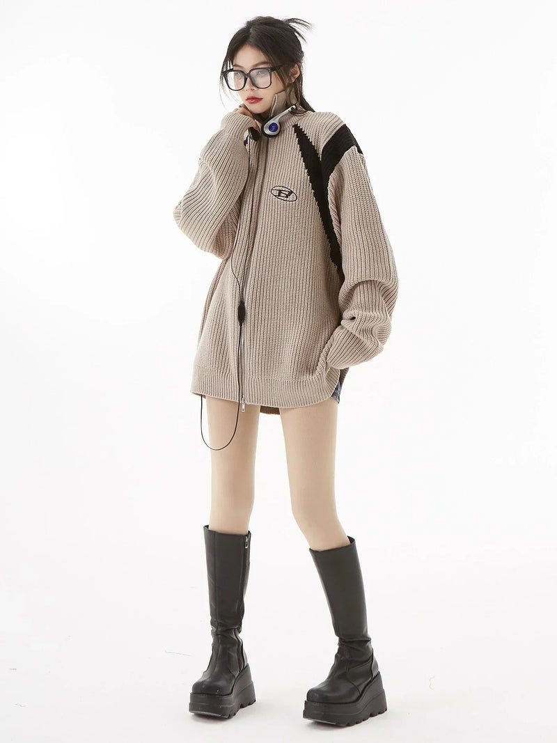 Cardigan com Zíper, Tricô, Bordado, Casual, Retro, Hip Hop, Patchwork