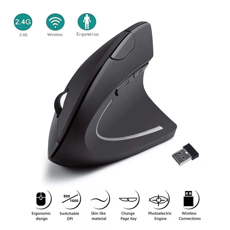Mouse Vertical Ergonômico Sem Fio 2.4GHz – 3 Níveis Ajustáveis