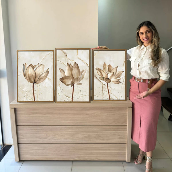 Kit 3 Quadros Decorativos | Trio Floral Abstrato Flor Bege | Sala Moderna e Elegante