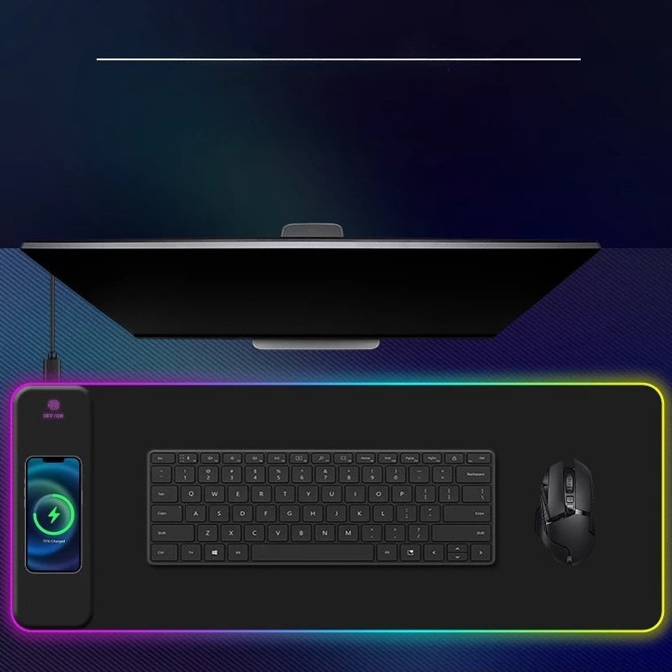 Mouse Pad Gamer Grande com LED RGB 7 Cores + Carregador Sem Fio 15W – HANKY-001