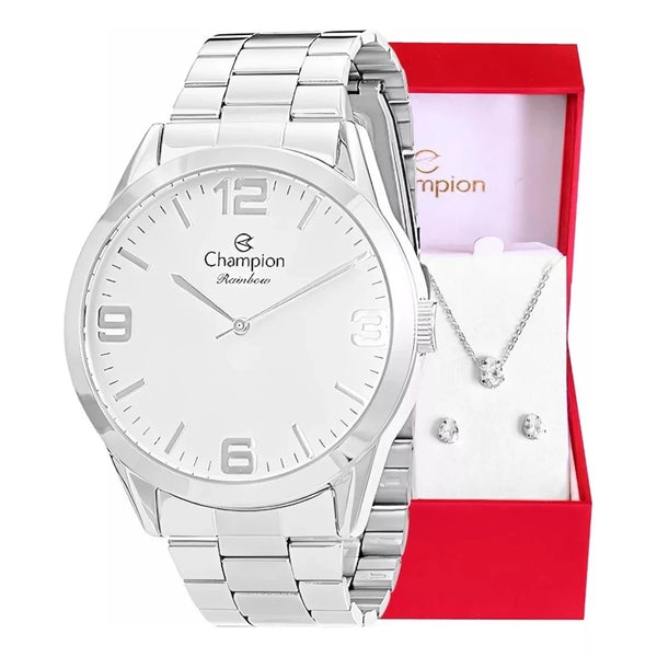 Relógio Champion Feminino CN29893C – Prata + Kit Colar e Brincos, Resistente à Água